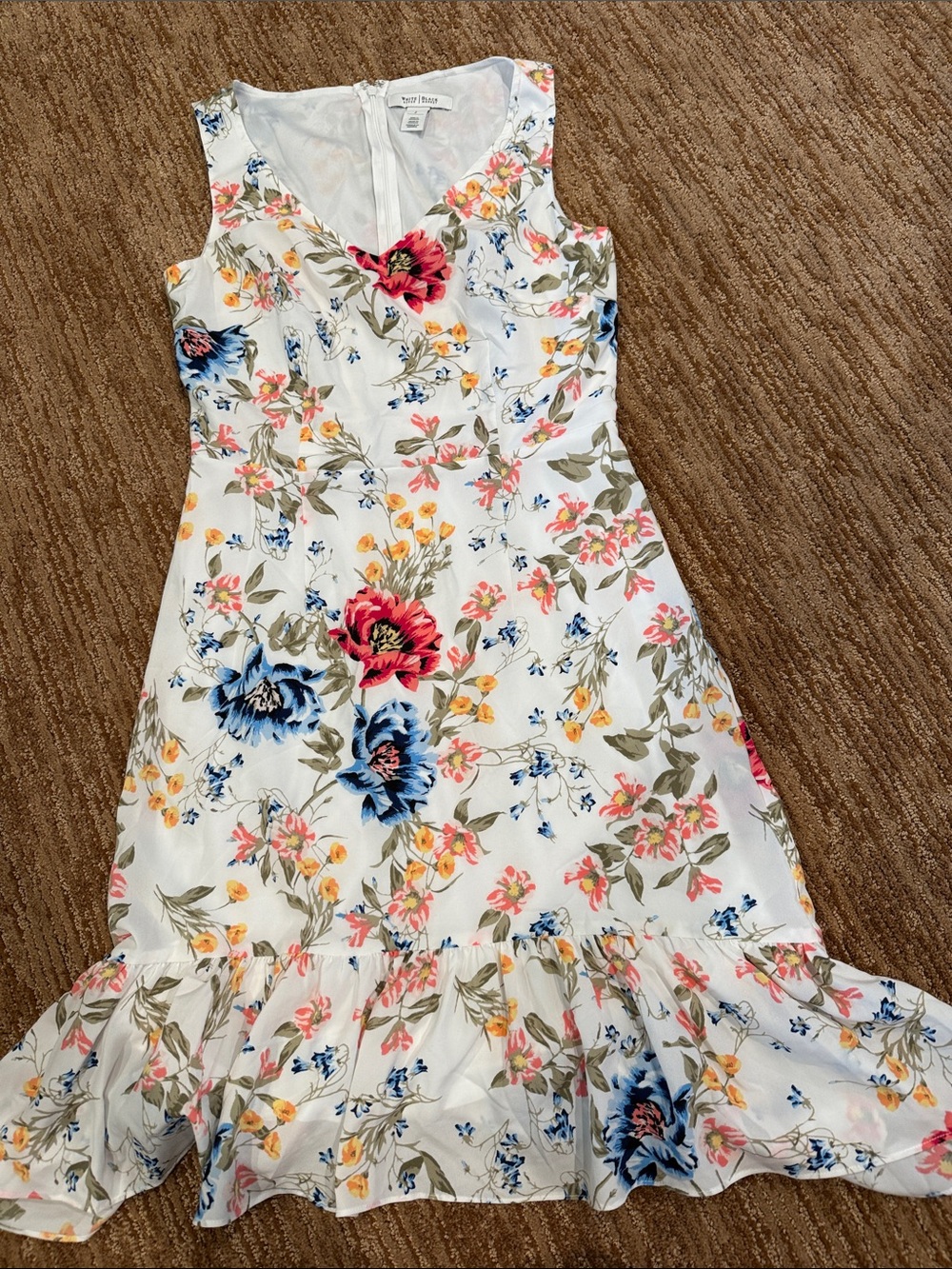 White House Black Market White Floral Sundress with Blue, Pink & Yellow Blooms